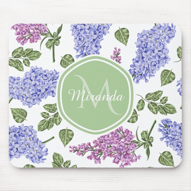 Chic Lavender Lilac Floral Pastel Green Monogram Mouse Mat (Front)