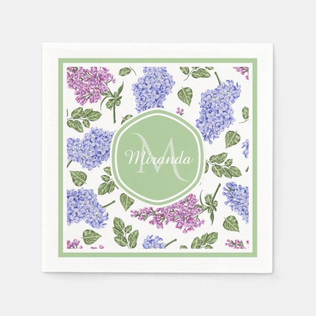 Chic Lavender Lilac Floral Pastel Green Monogram Napkin (Front)