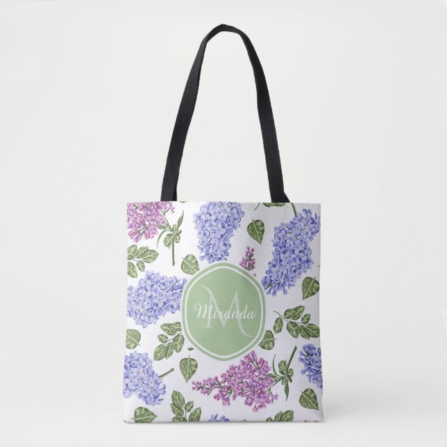 Chic Lavender Lilac Floral Pastel Green Monogram Tote Bag (Front)