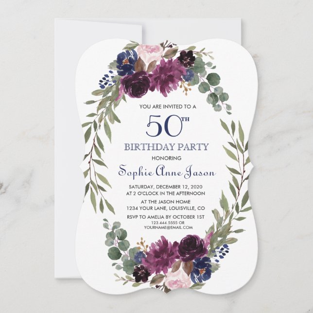 Chic Lavender Navy Blue Floral Bloom 50th Birthday Invitation (Front)