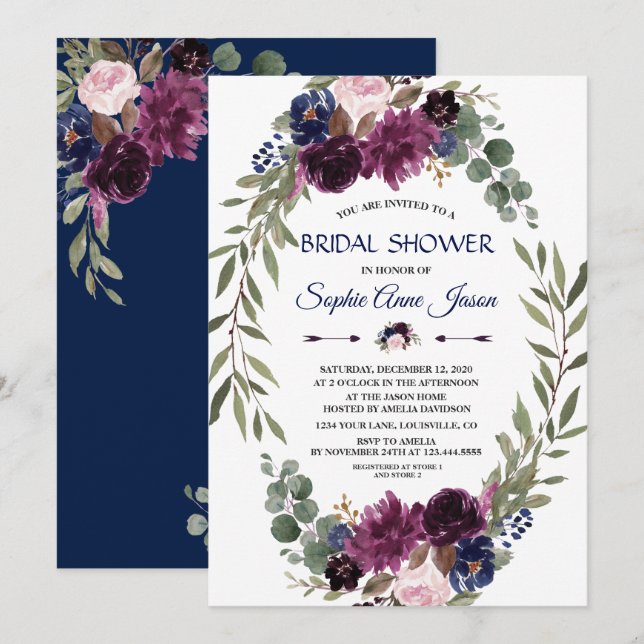 Chic Lavender Navy Blue Floral Bloom Bridal Shower Invitation (Front/Back)