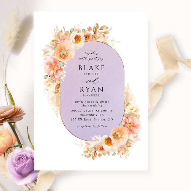 Chic Lavender, Peach Blush and Cream Oval Wedding Invitation (Creator Uploaded)