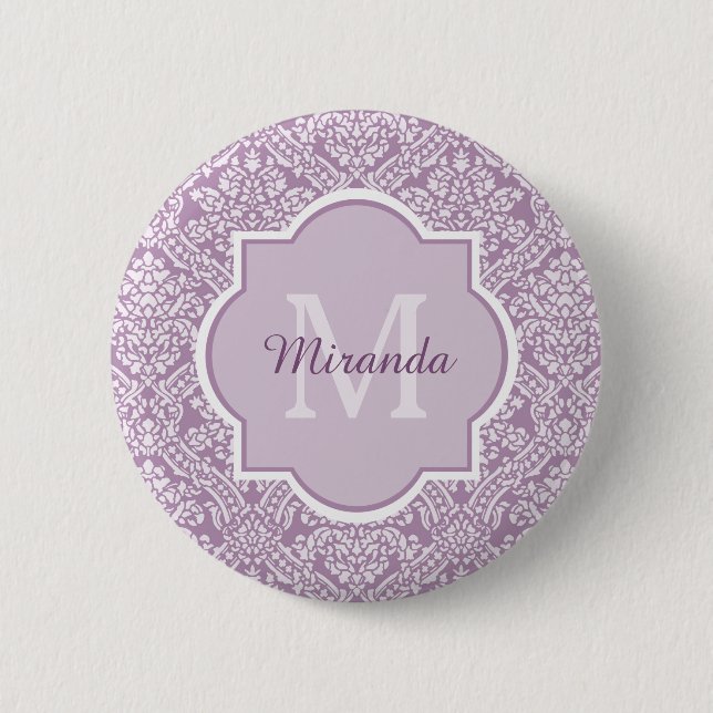 Chic Lavender Purple Damask Monogram With Name 6 Cm Round Badge (Front)