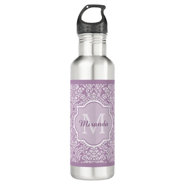Chic Lavender Purple Damask Monogram With Name 710 Ml Water Bottle (Front)