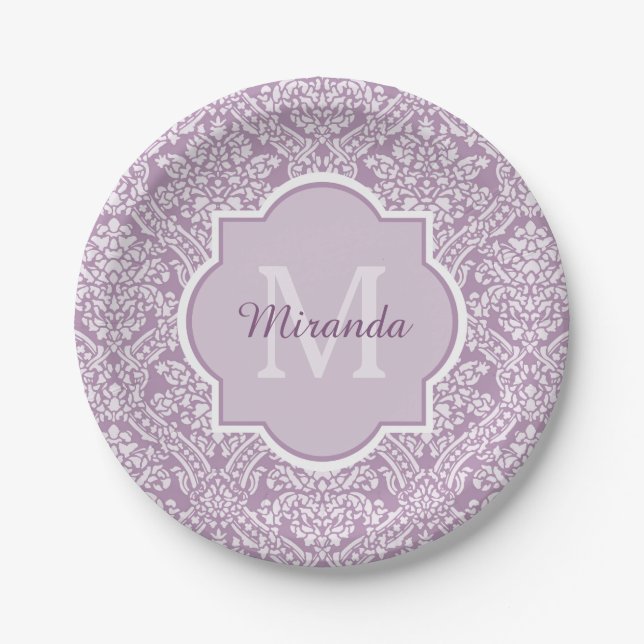 Chic Lavender Purple Damask Monogram With Name Paper Plate (Front)