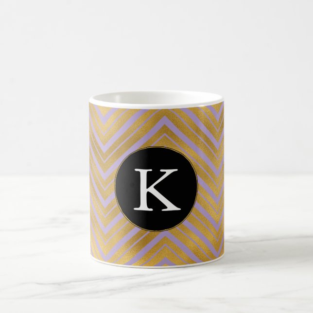 Chic Lavender Purple Gold Chevron Monogram Coffee Mug (Center)