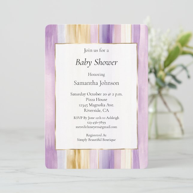 Chic Lavender Purple Gold Stripes Baby Shower Invitation (Standing Front)