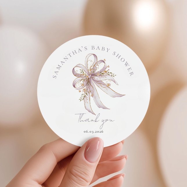 Chic Lavender Ribbon bow baby shower  Classic Round Sticker (Creator Uploaded)