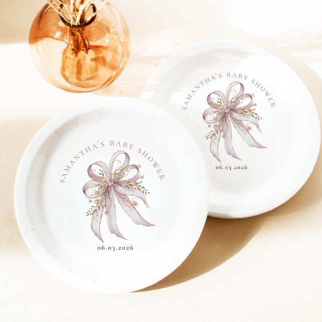 Chic Lavender Ribbon bow baby shower  Paper Plate (Creator Uploaded)
