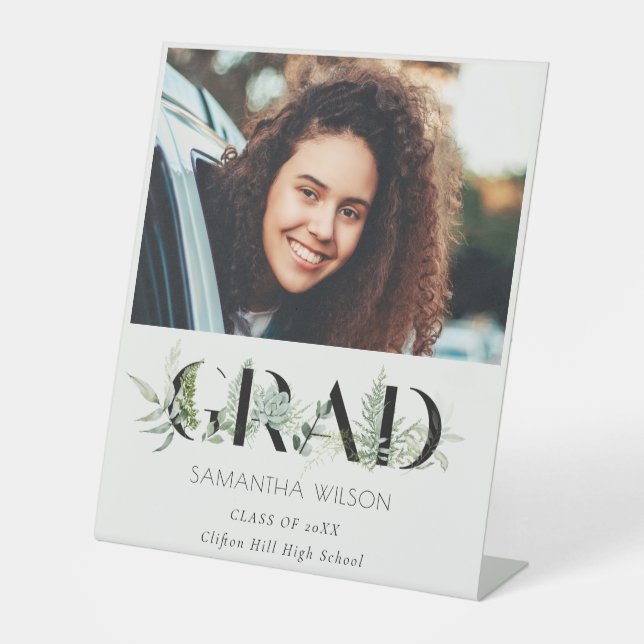 Chic Leafy Fern Succulent Foliage Photo Graduation Pedestal Sign (Front)