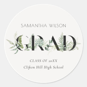 Chic Leafy Fern Succulent Green Foliage Graduation Classic Round Sticker