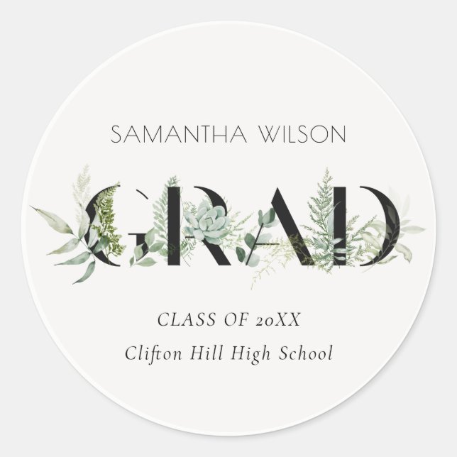 Chic Leafy Fern Succulent Green Foliage Graduation Classic Round Sticker (Front)
