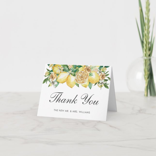 Chic Lemon Cirtus Floral Greenery Wedding Bridal Thank You Card (Front)