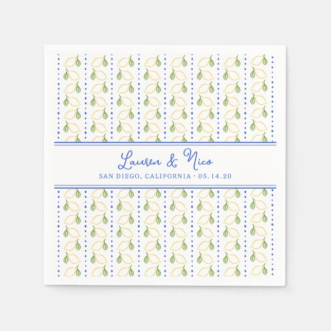 Chic Lemon Citrus  Elegant Blue Summer Wedding Napkin (Front)