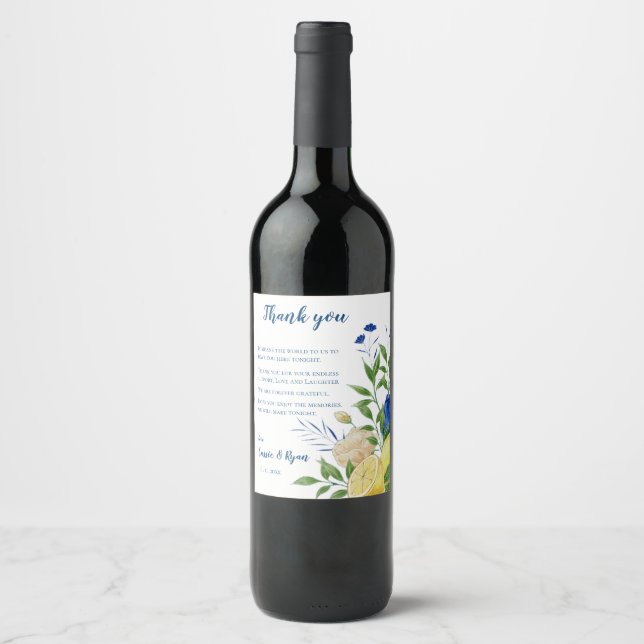 Chic Lemon Citrus Floral Wedding Thank You Wine Label (Front)