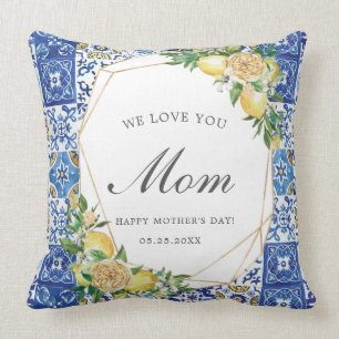 Chic Lemon Citrus Mediterranean Mosaic Tiles Mom Cushion