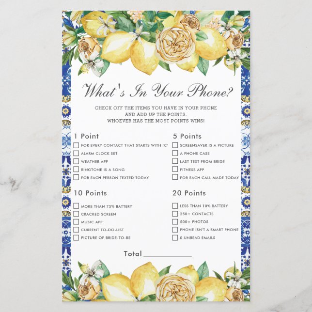 Chic Lemon Floral Bridal What's In Your Phone Game (Front)