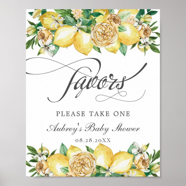 Chic Lemon Floral Favours Baby Bridal Shower Sign (Front)