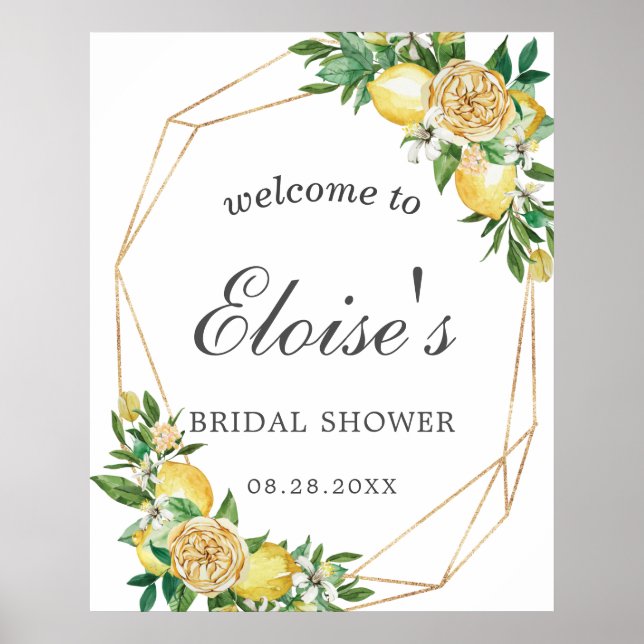 Chic Lemon Floral Geometric Bridal Shower Welcome Poster (Front)