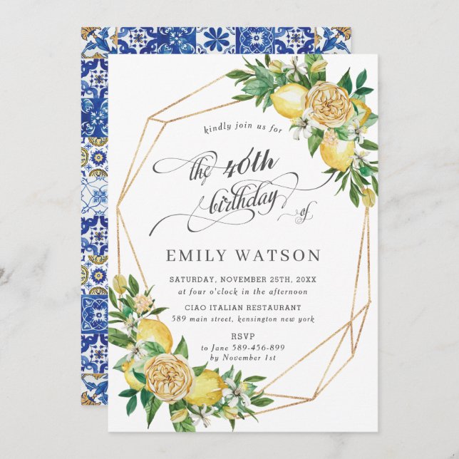 Chic Lemon Floral Greenery Geometric Birthday Invitation (Front/Back)