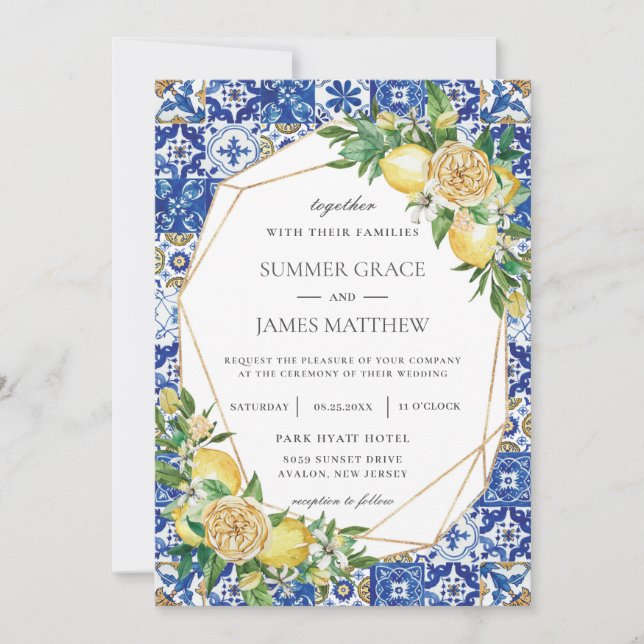 Chic Lemon Floral Greenery Geometric Wedding  Invitation (Front)