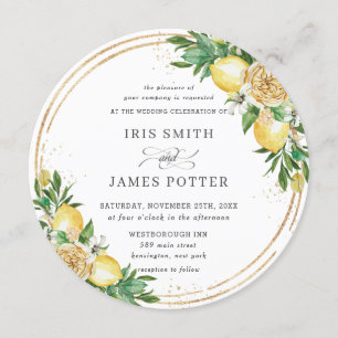 Chic Lemon Floral Greenery Gold Wedding Invitation