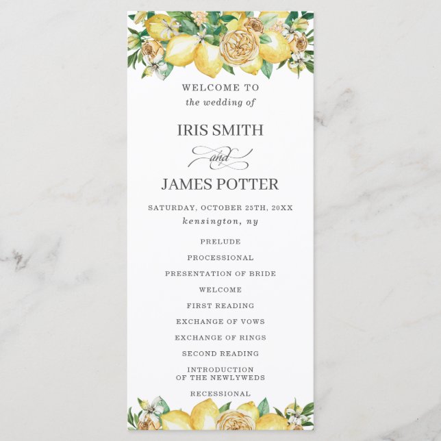 Chic Lemon Floral Mediterranean Wedding Program Programme (Front)