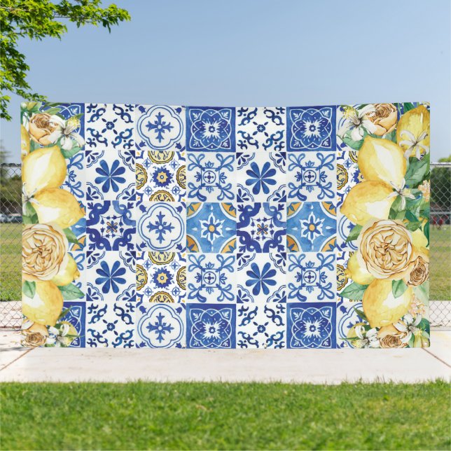 Chic Lemon Floral Meditteranean Mosaic Tiles Banner (Outside)