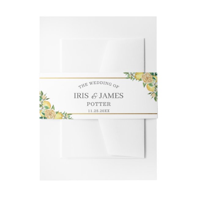 Chic Lemon Greenery Floral Gold Wedding Invitation Belly Band (Front Example)