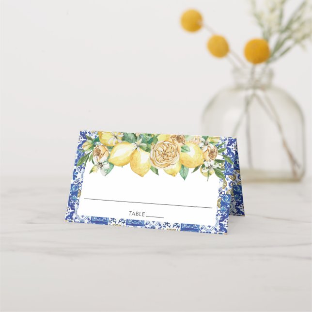Chic Lemon Greenery Floral Mediterranean Bridal Place Card (Front)