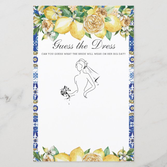 Chic Lemon Greenery Guess the Dress Bridal Game (Front)