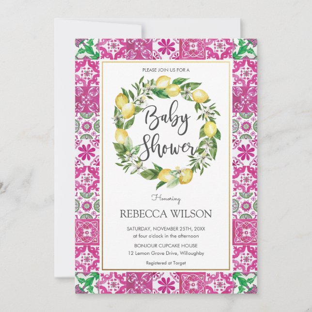 Chic Lemon Mediterranean Baby Shower Pink Girl Invitation (Front)
