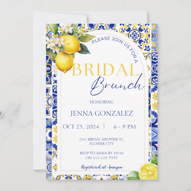 Chic Lemon Mediterranean Blue Tiles Bridal Brunch Invitation (Front)