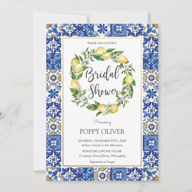 Chic Lemon Mediterranean Bridal Wedding Shower Invitation (Front)