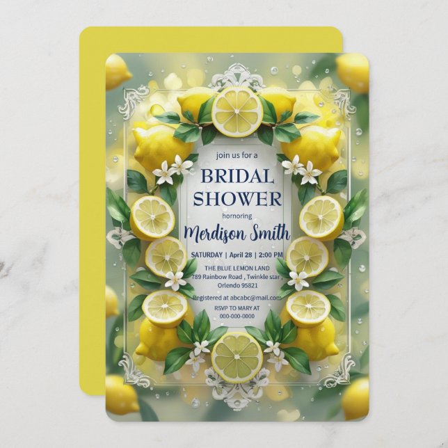 Chic Lemon Mediterranean Summer Bridal Shower   Invitation (Front/Back)