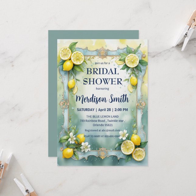 Chic Lemon Mediterranean Summer Bridal Shower   Invitation (Front/Back In Situ)
