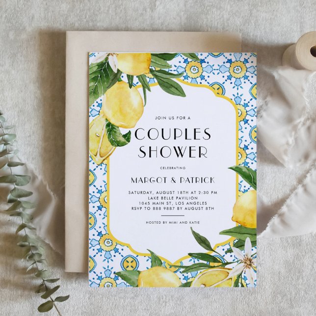 Chic Lemon Mediterranean Summer Couples Shower Invitation (Customizable Mediterranean-theme couples shower invitation featuring Moroccan tile and lemon design.)