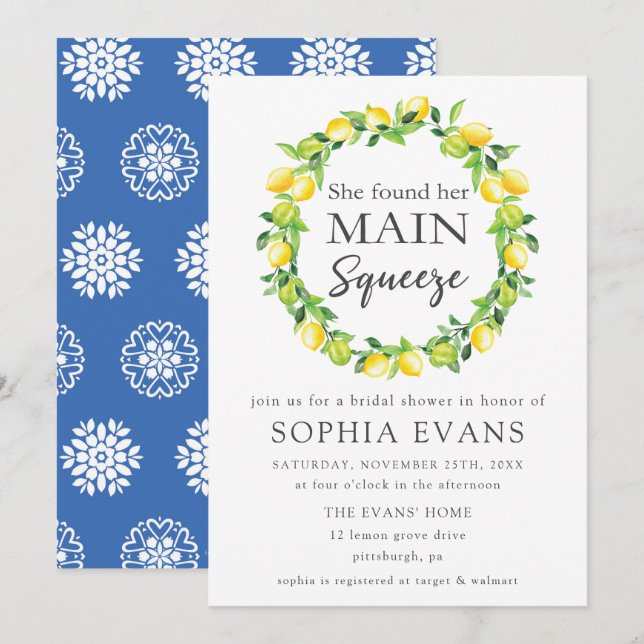 Chic Lemon Wreath Main Squeeze Bridal Shower Invitation (Front/Back)