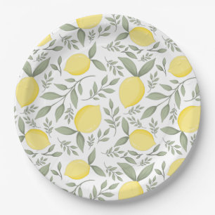 Chic Lemons and Leaves Pattern Monogram Paper Plate