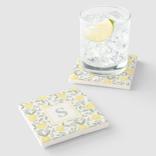 Chic Lemons and Leaves Pattern Monogram Stone Coaster