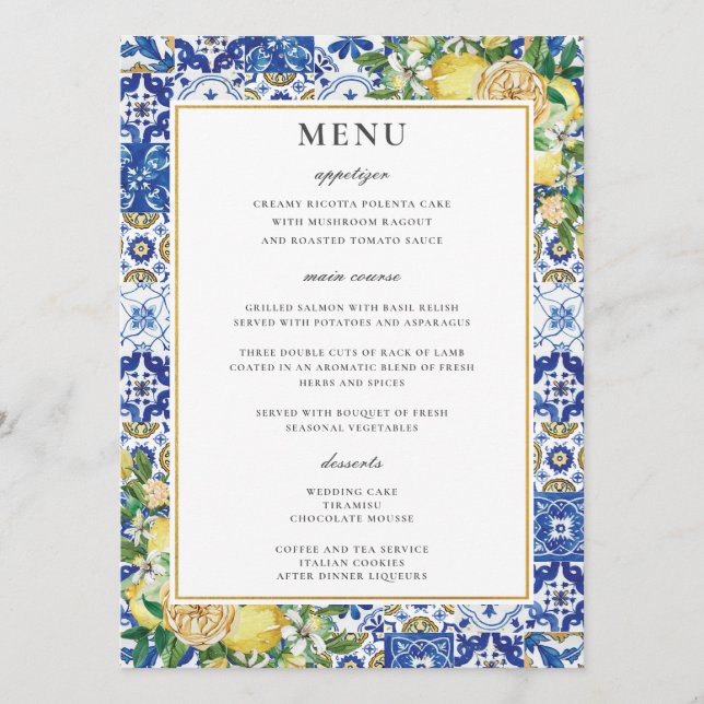 Chic Lemons Floral Greenery Mosaic Wedding Menu (Front)