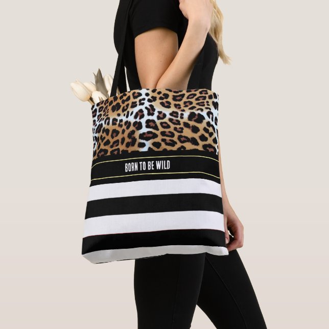 Chic Leopard and Black White Stripes Positivity  Tote Bag (Close Up)