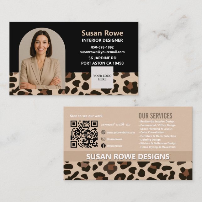Chic Leopard Black and Beige QR Code Arch Photo Business Card (Front/Back)