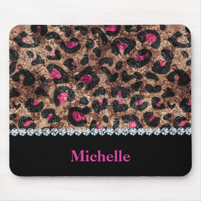 Chic leopard pink animal diamond personalised mouse mat (Front)