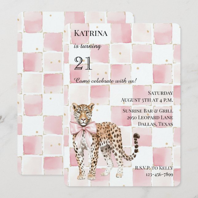 Chic Leopard Pink Bow Squares Birthday Invitation (Front/Back)
