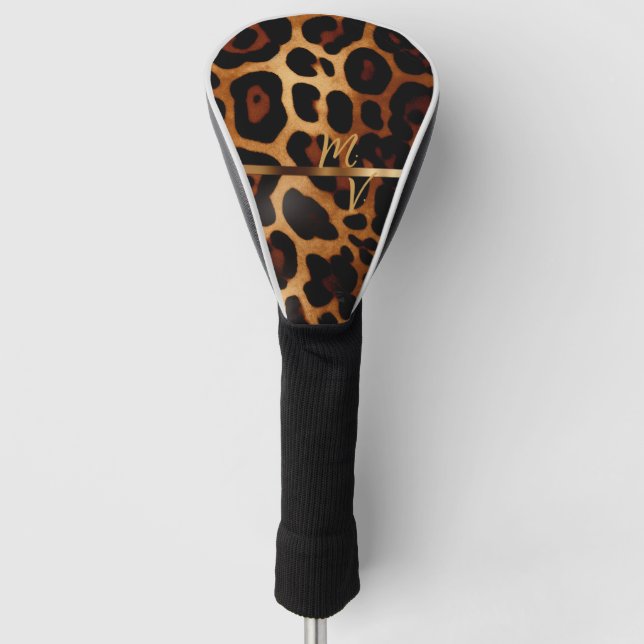 Chic Leopard Print and Gold Monogrammed  Golf Head Cover (Front)