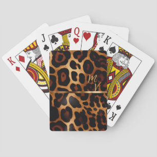 Chic Leopard Print and Gold Monogrammed Playing Cards