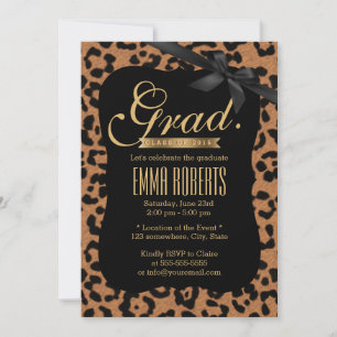 Chic Leopard Print Black Ribbon Graduation Invitation
