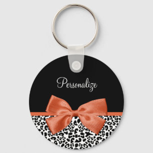 Chic Leopard Print Burnt Orange Bow With Name Key Ring