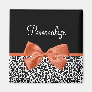 Chic Leopard Print Burnt Orange Bow With Name Magnet